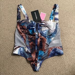 Renaissance Print Woven Mesh Detail Corset